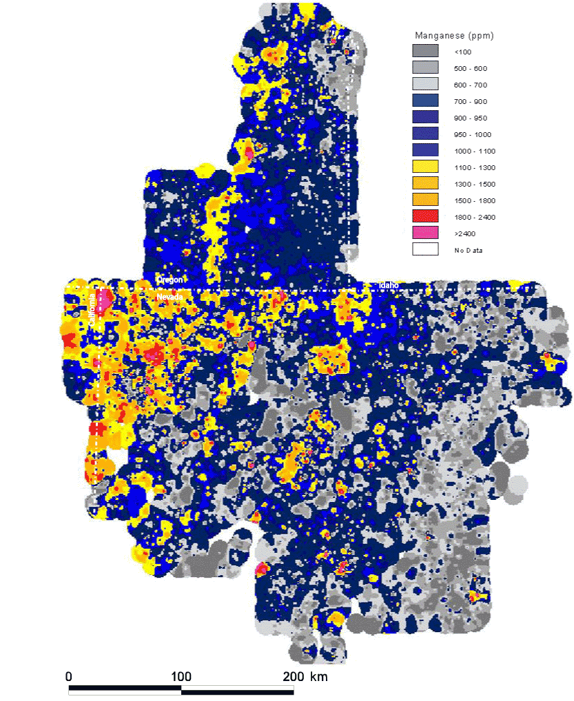 map, spatial distribution of the elemental concentration of manganese, analyzed via the ICP-40 method, with the Mesozoic cratonal margin and the approximate extent of Tertiary volcanic cover shown