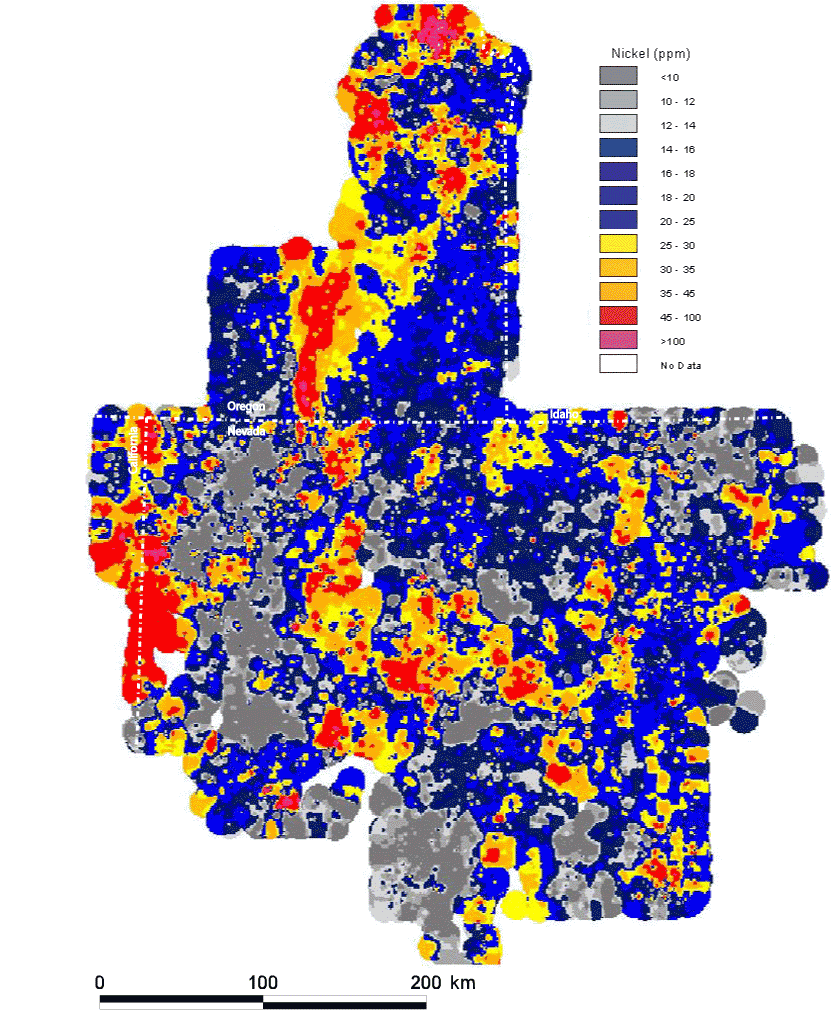map, spatial distribution of the elemental concentration of nickel, analyzed via the ICP-40 method, with the Mesozoic cratonal margin and the approximate extent of Tertiary volcanic cover shown