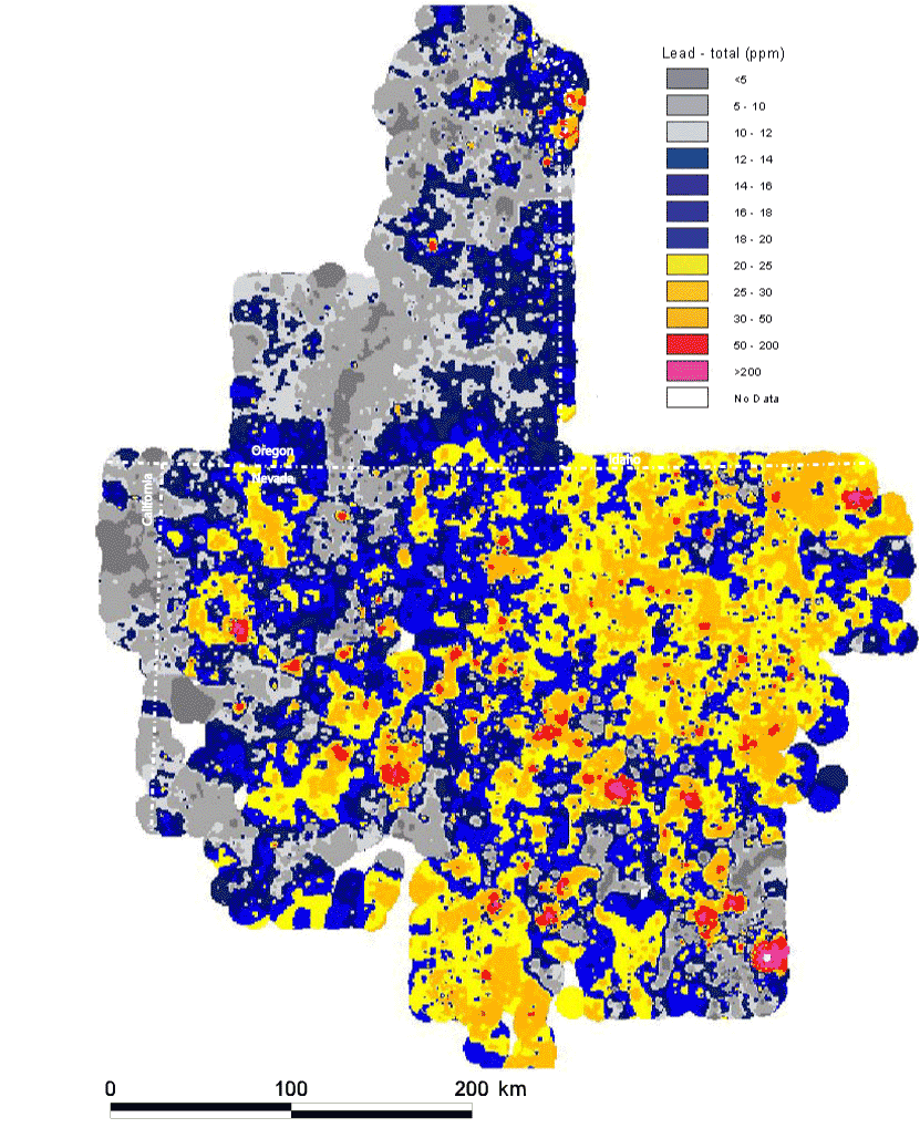 map, spatial distribution of the elemental concentration of lead, analyzed via the ICP-40 method, with the Mesozoic cratonal margin and the approximate extent of Tertiary volcanic cover shown