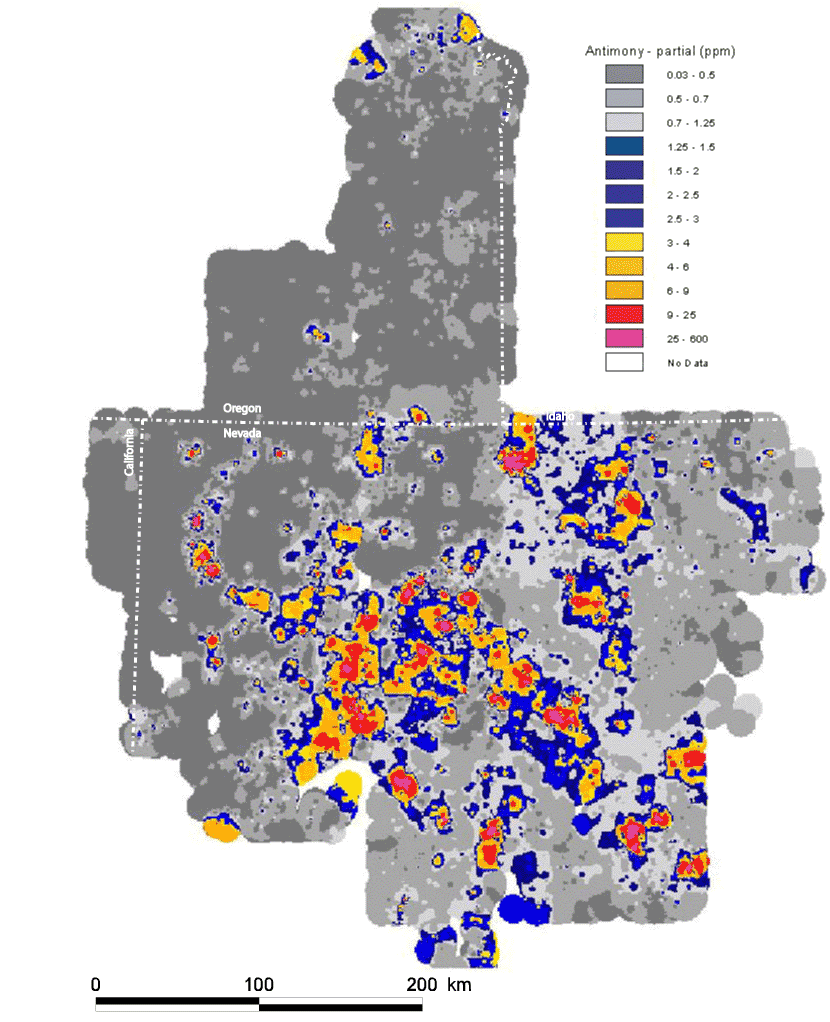 map, spatial distribution of the elemental concentration of antimony, analyzed via the ICP-Partial method, with the Mesozoic cratonal margin and the approximate extent of Tertiary volcanic cover shown