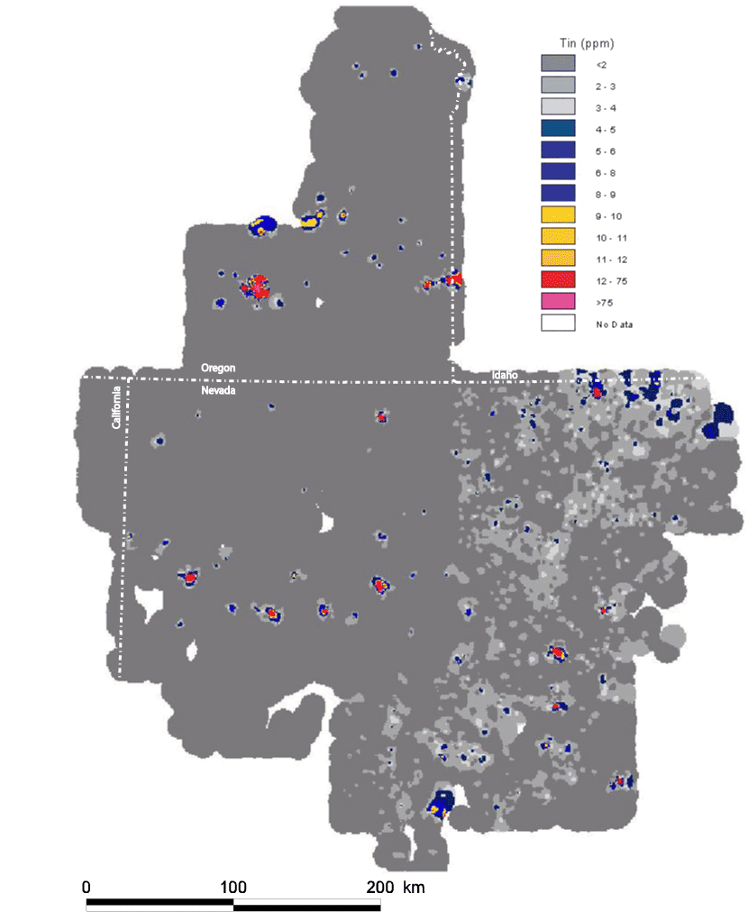map, spatial distribution of the elemental concentration of tin, analyzed via the ICP-40 method, with the Mesozoic cratonal margin and the approximate extent of Tertiary volcanic cover shown