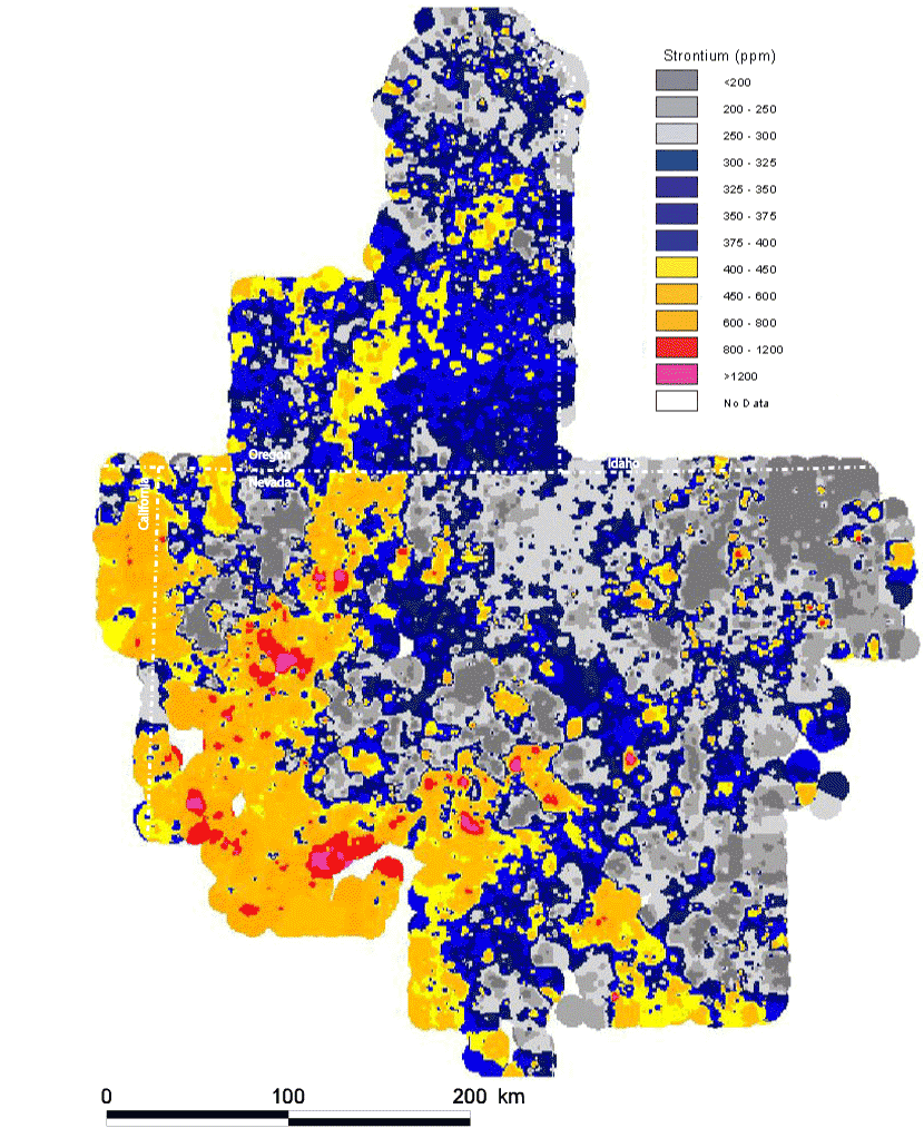 map, spatial distribution of the elemental concentration of strontium, analyzed via the ICP-40 method, with the Mesozoic cratonal margin and the approximate extent of Tertiary volcanic cover shown