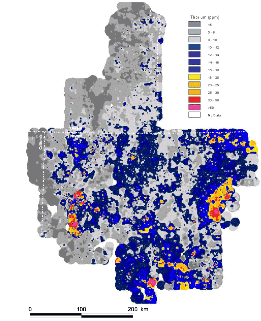 map, spatial distribution of the elemental concentration of thorium, analyzed via the ICP-40 method, with the Mesozoic cratonal margin and the approximate extent of Tertiary volcanic cover shown