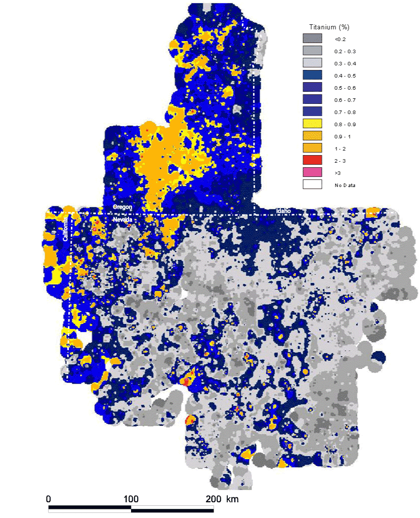 map, spatial distribution of the elemental concentration of titanium, analyzed via the ICP-40 method, with the Mesozoic cratonal margin and the approximate extent of Tertiary volcanic cover shown