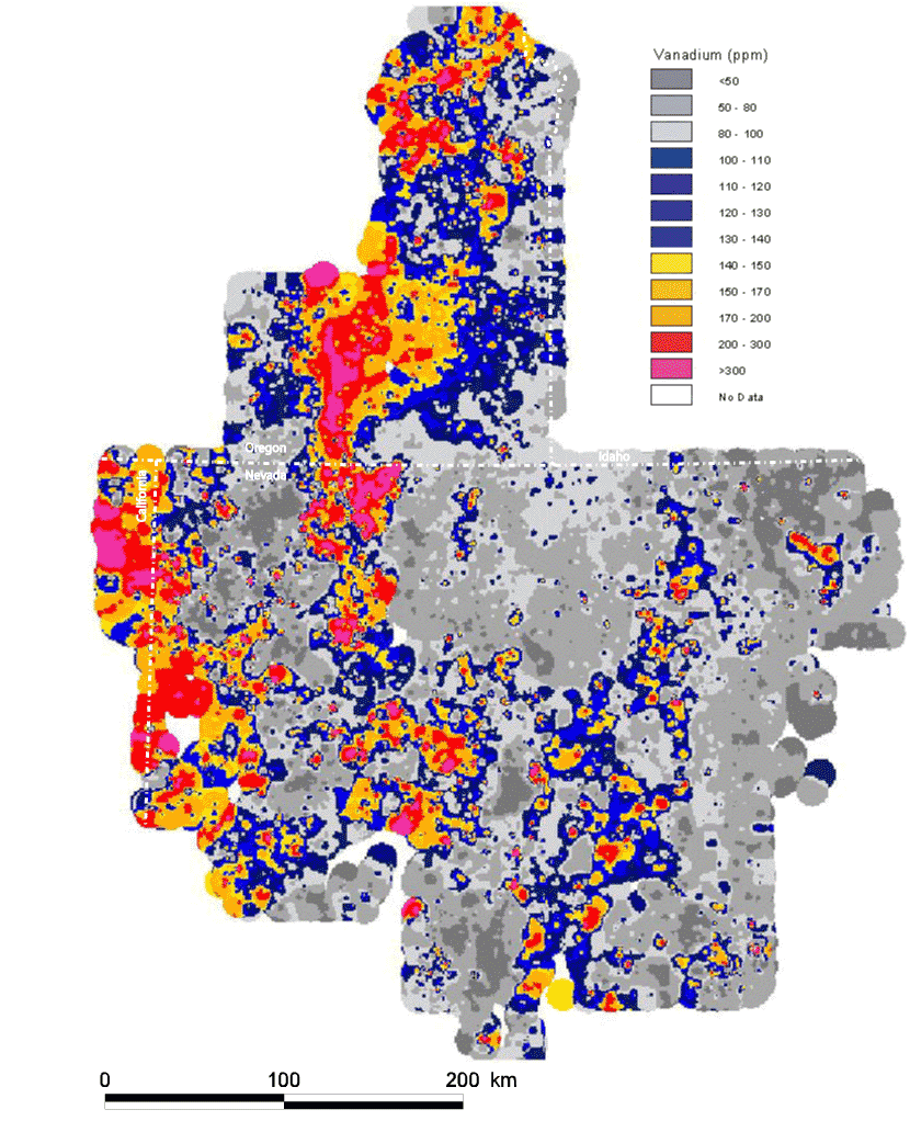 map, spatial distribution of the elemental concentration of vanadium, analyzed via the ICP-40 method, with the Mesozoic cratonal margin and the approximate extent of Tertiary volcanic cover shown