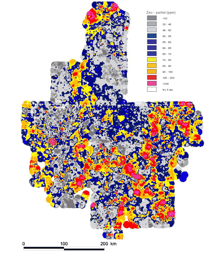 map, spatial distribution of the elemental concentration of zinc, analyzed via the ICP-Partial method, with the Mesozoic cratonal margin and the approximate extent of Tertiary volcanic cover shown