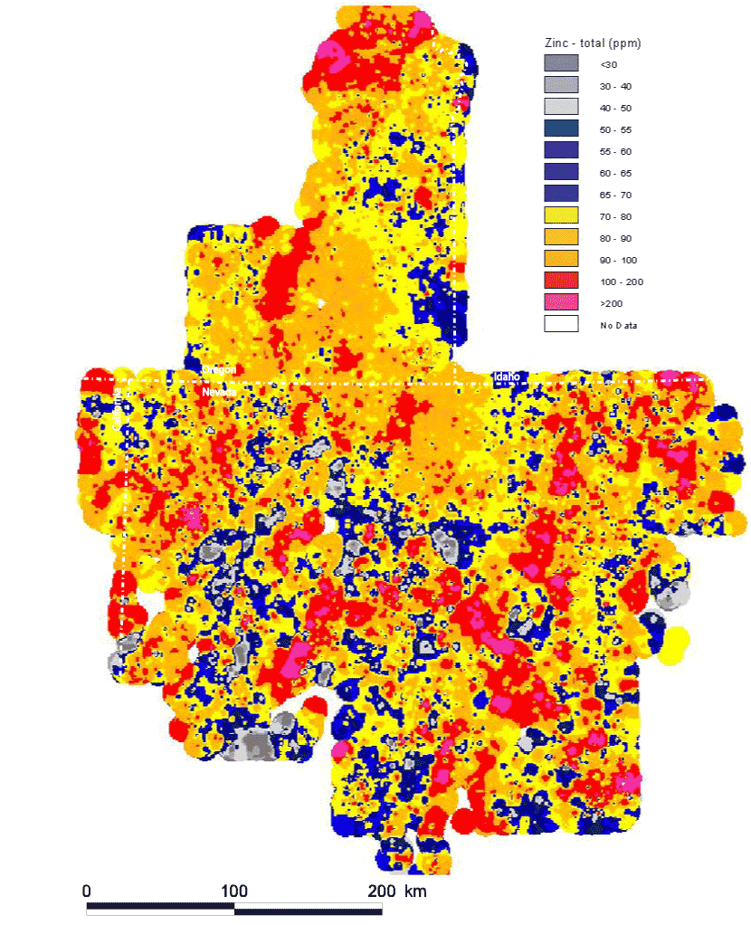 map, spatial distribution of the elemental concentration of zinc, analyzed via the ICP-40 method, with the Mesozoic cratonal margin and the approximate extent of Tertiary volcanic cover shown