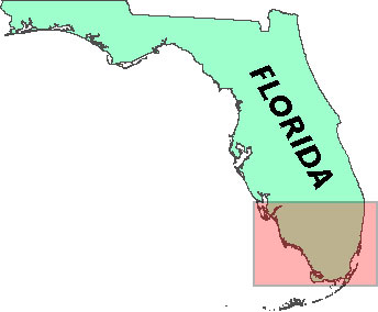 Florida map with highlighted box covering the greater Everglades and south Florida