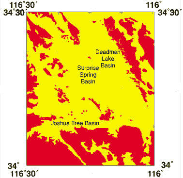 colored map showing areas of basement rocks in red and lower density sediments in yellow.
