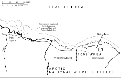 partition of the 1002 Area into east and west subareas and Assumed pipeline (dashed east-west line) to Pump Station #1 of the Trans-Alaska pipeline