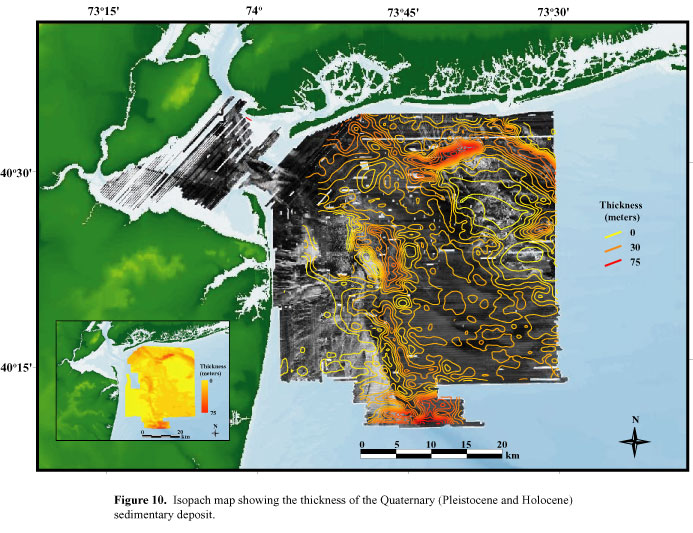 Isopach map showing thickness of Quaternary sedimentary deposit.