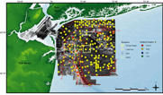 Map showing sidescan-sonar image, sample locations, bathymetry, and location of dumpsites.  Also link to larger image.