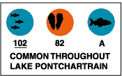 Common throughout Lake Pontchartrain: freshwater fish (102), oysters/clams (82), freshwater fish (A).