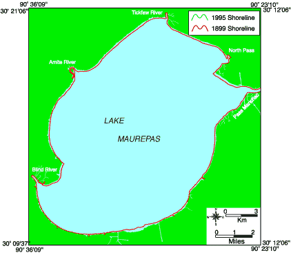 Map showing shoreline changes of Lake Maurepas from 1899 to 1995.