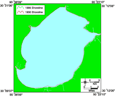 Map showing shoreline changes of Lake Maurepas from 1930 to 1995.