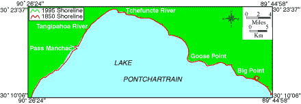 Map showing shoreline changes of Northern Lake Pontchartrain from 1850 to 1995.