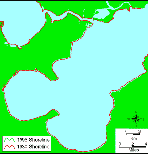 Map showing shoreline changes of Lake Borgne from 1930 to 1995.