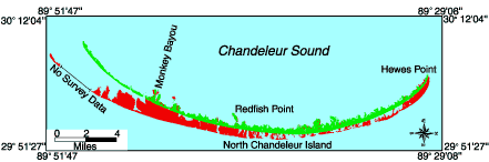 Map showing shoreline changes of the northern Chandeleur Islands from 1855 to 1996.