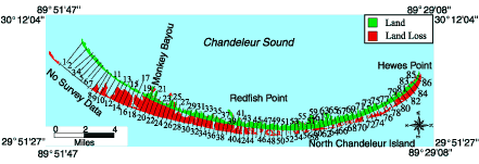 Map showing the land and land loss of the North Chandeleur Island from 1855 to 1996.