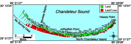 Map showing bayside shoreline changes of North Chandeleur Island from 1855 to 1996 and location of transects.