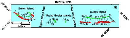 Map showing Bayside Shoreline Change Rates of Southern Chandeleur Island 1869 to 1996.