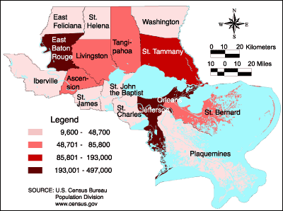 Map showing Lake Pontchartrain Basin Population 1990.