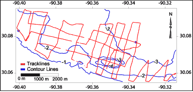 Trackline map with contour lines: LaBranche dredge pit.