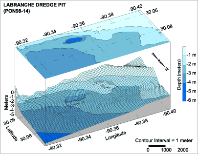 bathymetric profile including filled contour map: Labranche Dredge Pit.