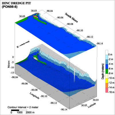 3D bathymetric profile including filled contour map: IHNC dredge pit.
