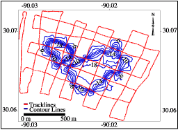 Trackline map with contour lines: Lakefront Airport dredge pit.