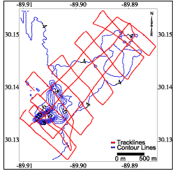 Trackline map with contour lines: South Point Dredge Pit.