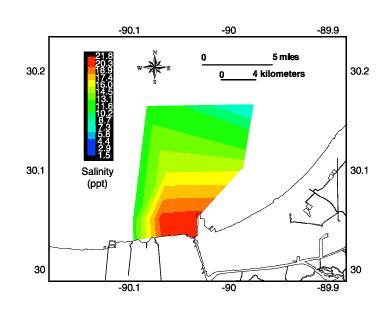 Plan view of lake floor salinity values near IHNC.