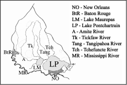 Map showing the major geographical features of Lake Pontchartrain Watershed.