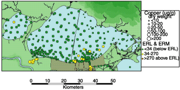 Copper concentrations in sediments from Lake Pontchartrain and Maurepas.