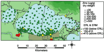 Zinc concentrations in sediments from Lake Pontchartrain and Maurepas.