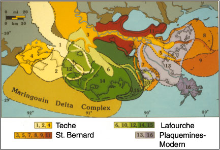 Map showing the Delta Complexes of Mississippi River Deltaic Plain.
