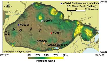 Map showing grain size distribution of surficial sediments and vibracore locations in Lake Pontchartrain.