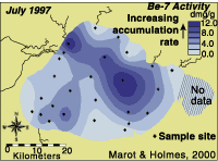 Map showing surficial sediment sample sites and sediment accumulation rates within Lake Pontchartrain during the six months prior to the July 1997 sample collection.