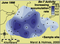Map showing surficial sediment sample sites and sediment accumulation rates within Lake Pontchartrain during the six months prior to the July 1998 sample collection.