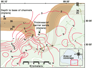 Contour structure map showing depth to thalweg of the incised paleochannel (below mean sea level) and isopatch of Pine Island barrier trend.  Contours were generated from digitized HRSP interpretations and well cuttings.
