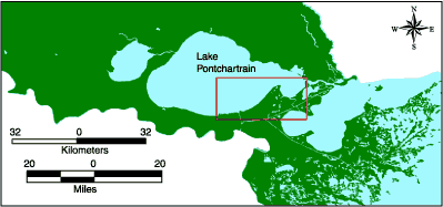Map showing location of the southwest shore of Lake Portchartrain.
