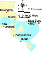 Photograph of Data Buoy 42007 and a map showing its location.