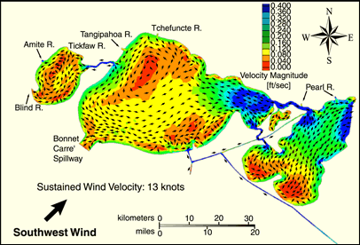 Image showing wind patterns induced by a southwest wind.