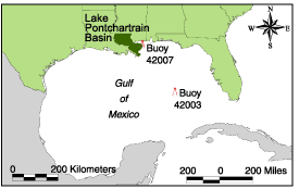Map showing the location of two moored buoys in the Gulf of Mexico.