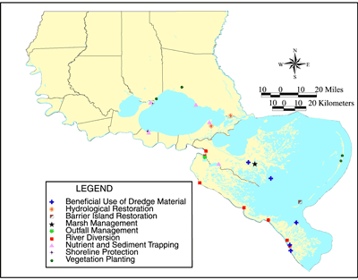 Map showing coastal restoration sites in the Lake Pontchartrain Basin.