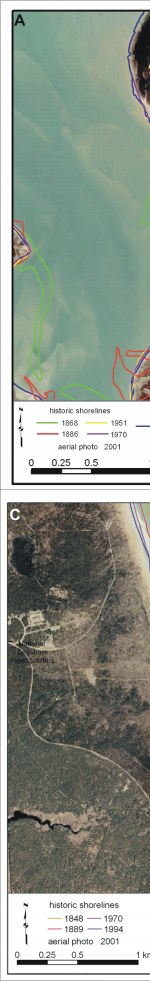 Figure 9. A) Nauset Spit has highest deviation for shoreline change; B) Grand Island is migrating landward and prograding to south; C) Marconi Beach, glacial bluff retreates at just less than 1 m/yr.