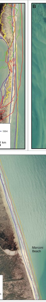 Figure 9. A) Nauset Spit has highest deviation for shoreline change; B) Grand Island is migrating landward and prograding to south; C) Marconi Beach, glacial bluff retreates at just less than 1 m/yr.