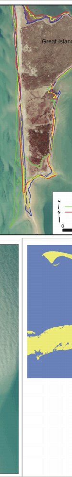 Figure 9. A) Nauset Spit has highest deviation for shoreline change; B) Grand Island is migrating landward and prograding to south; C) Marconi Beach, glacial bluff retreates at just less than 1 m/yr.