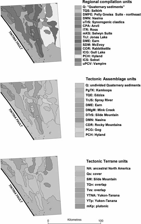 Examples of changing map resolution based on map-unit level for NTS sheet 105A, NE of Tintina Fault. The 58 source-map units have been reclassified into 16 regional compilation units, 11 Tectonic Assemblages, and 8 Tectonic Terranes