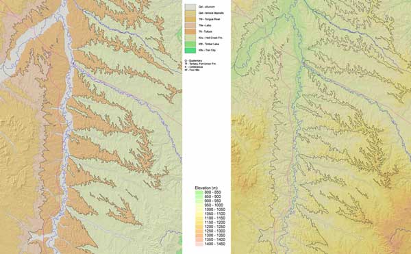 Geologic units and topography of the eastern half of the USGS Broadus 30 x 60 minute quadrangle